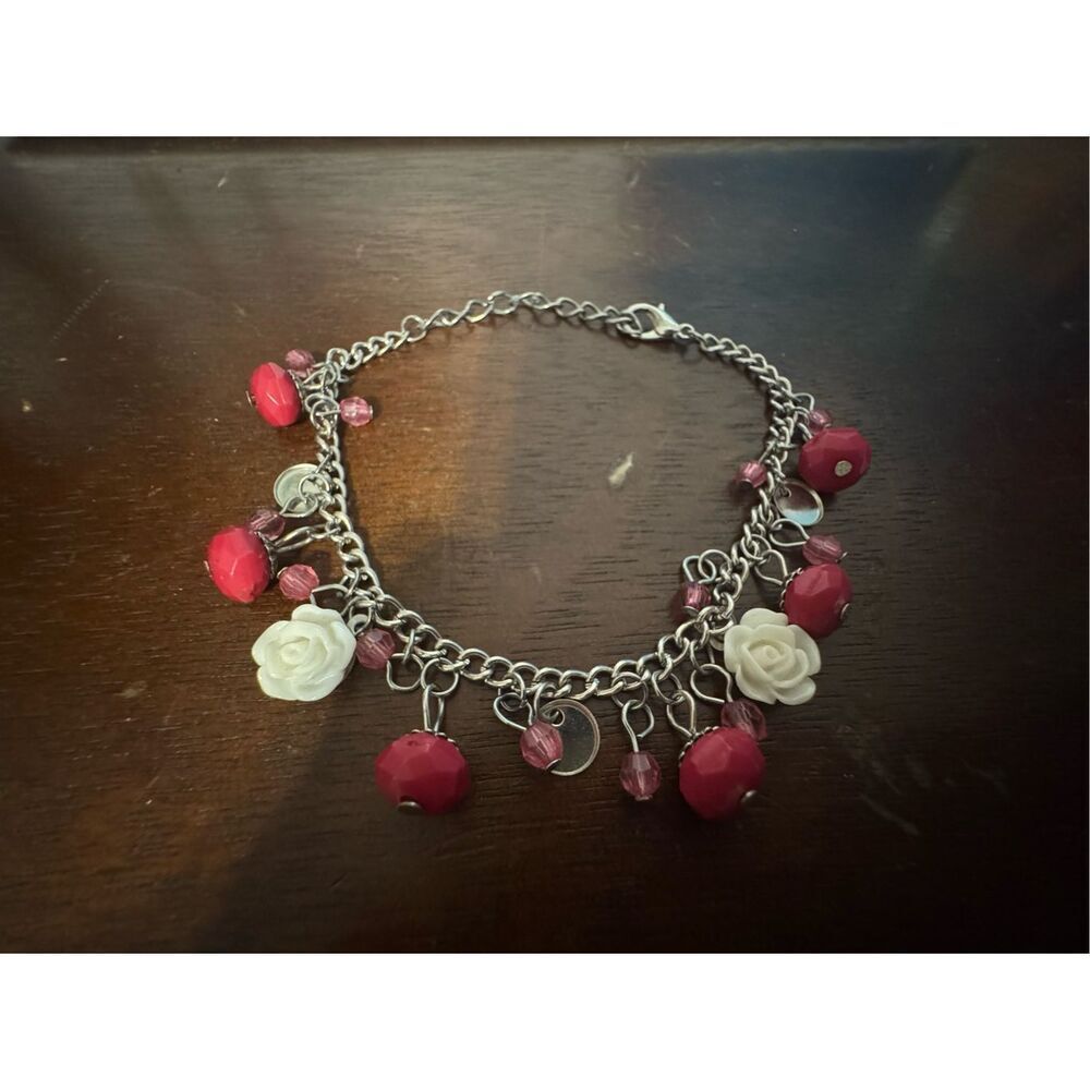 Vintage Y2K Womens Pink Floral Rose Rhinestone Chain Beaded Charm Bracelet 90s